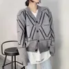 H.SA V Neck Oversize Female Winter Argyle Single-Breasted Women's Sweater coat Autumn Loose Knit Cardigan 210417