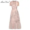 ファッション滑走路ドレス夏の女性のドレス半袖ビーズメッシュ刺繍スリムドレス210524