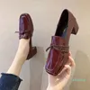 Dress Shoes Japanned Leather Bow-tie Pumps Woman Vintage Solid Two Wear Square Toe British Sewing Thick High Heels Women