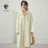 Fansilanen longo elegante 100% lã casaco mulheres cinto branco mistura inverno feminino oversized vintage purpel jaqueta sobre senhoras 210607
