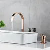 Badrum Sink kranar Basin kran Super Långt rör Två hål Rose Gold Utwidespread Tap 360 Rotating