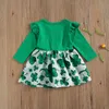 1-4Y Spädbarn Barnbarn Tjej Klänning Grön Clover Print Långärmad Party Dresses Kostymer 210515