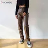 Faux PU Leather Pants For Women Trouser High Waist Straight Leg Pants Fashion Brown Casual Vintage Leisure Pants Streetwear 211112