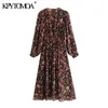 Vrouwen chique mode bloemen print geplooid midi jurk vintage bladerdeeg mouw met voering vrouwelijke jurken vestidos mujer 210416