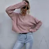 Frauen Casual Rosa Gestrickte Pullover Vintage Oansatz Übergroße Pullover Mädchen Tops Neue Ankünfte Herbst Mode Lose Pullover 210412