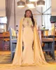 2022 Skromne Mermaid Prom Dresses z Cape Lace Aplikacja Jewel Illusion Borsy Zroszony Sweep Pociąg Custom Made African Girl Evening Formalne Suknie C0413