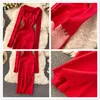 SINGREINY Design Knitted Women Dress Korean V Neck Long Sleeve Slim Dress Autumn Winter Sexy Split Bodycon Sweater Midi Dresses 210419