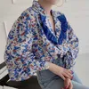 Korejpaa Женщина рубашка Корейский мода Джокер отворотный пустот кружева шить однобортный свободный пузырь рукав печатной рубашки Топ 210526