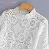 Aelegantmis Spring Sexy Lace Hollow Out White Women Tops Elegant Short Sleeve Tshirt Ladies Summer High Street Casual T Shirts 210607