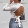 Streetwear Frauen Beige Stehkragen Shirts Mode Damen Bogen Gestrickte Tops Sexy Weibliche Chic Backless Blusen 210430