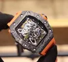 2022 Black Carbon Fiber Miyota Automatic Mens Watch Skeleton Dial Orange Crown Rubber Strap Super Edition Watches Puretime01 3502CF-C3