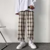 남자 바지 체크 무늬 바지, 느슨하고 편안하고, 복고풍, 배열, 탄성 허리, 세련된, 넓은 다리, 거리 패션, 한국식