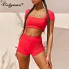 Colysmo Yellow Tracksuit Kvinnor Sommar Sexig Tillbaka Hollow Out Crop Top Hight Waist Biker Shorts Two Piece Set White ActiveWear 210527