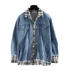 Women Denim Jacket Blue Loose Oversize Plaid Shirt Patchwork Turn Down Collar C0279 210514