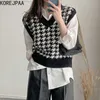 Korejpaa Woman Vest Sets Korean Autumn Fashion Wild V-neck Bird Check Knitted Vests and Loose Solid Long Sleeve Shirt Top 211008