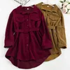 Women's Corduroy Shirt Autumn Winter Turn-down Collar Long Sleeve Double Pocket Sashes Waist Wild Loose Jacket ML421 210506