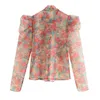 Organza haut chemisier voir à travers Transparent Vintage fleurs fleurs dames Blouses femmes à manches longues 2021 femmes chemises