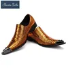 Dress Shoes Christia Bella Men's Genuine Leather Snake Skin Gold Pointed Toe Fashion Luxury Wedding Oxford