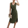 Mulheres Vestido de Verão Sólida Sem Mangas Casuais Soltos Senhoras Tanque Vestido A linha Sundress Mulheres Knee-Comprimento Midi Dress Feminino Vestidos 210416