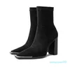 Boots Black Short 2021 Autumn And Winter Fashion Elastic Metal Square Head Thick Heel High European American