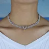 32 + 10 cm Iced Out Cuban Naszyjnik Łańcuch Hip Hop Biżuteria Choker Silver Color Heart Rhinestone CZ Zapięcie dla rapera Nowe naszyjniki X0509