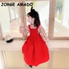 Korean Style Spring Girls 2-pcs Sets Puff Dot Shirts+sling Princess Dresses Girl Clothes E2028 210610