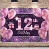 Décoration de fête Joyeux 12e anniversaire Bannière Toile de fond – 12 fournitures de décoration pour fille Rose Violet Or