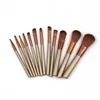 12 pc Makeup Brush Set Gold Metal Box Rod Full Wooden Handle High Grade Professional Make Up Brushes Kit