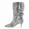 Women's Boots Snakeskin Print Pleated Mid Heel Party Shoes Pointed Toe Slip On Sexy Stiletto Women Motorcycle Boot