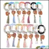 Keychains Fashion Aessory Party Favor Food Wrist Key Chain Pärlor Armband Händelse älskar träpärl Bangle Keychain Pu Tassel Anti-Lost Keyri