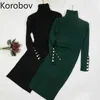 コロバフニットドレス秋冬の新しいシックなタートルネック長袖ボタン包帯ドレス韓国のエレガントOL Robe Femme 210430