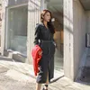 High Quality Korean Fashion Denim Long Dress Women Sleeve Belted Single Breasted Buttons Vintage Straight Spring 210513