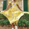 Ruffle Puff Sleeve Floral Print Dress for Women Vintage Summer Maxi Long Yellow Boho A-line Beach Hooliday 210427