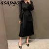 Koreanska Chic Temperament V-Neck Cross Belt Patchwork Fake Two-Piece Pleated Dress Long Vintage Plus Size Vestidos Gentle Slim 210806