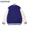 Gonthwid Hip Hop Varsity Casaco de Beisebol Streetwear Vintage Carta Bordada Patchwork Bomber Bomber Casacos Mens Vermelho preto 211214