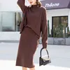 Women Knit Brown White Black Coral Crew Neck Long Sleeve Pullover Knee Length Pencil Skirt Two Piece Set Solid T0047 210514