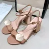 Designer Women Sandals Classic High heels Camellia Sandal Women Party Metallic Laminate Leather Dress ShoesSexy Suede Lady Metal Belt buckle Thick Heel shoe