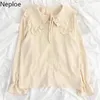 Neploe Japanses Blusas Mujer De Moda Sweet Ruffles Camicette Donna Colletto Peter Pan Lace Up Tinta unita Camicetta Top Donna 210422