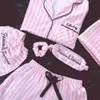 Jrmissli Pajamas女性の女性7個ピンクのパジャマをセットサテンシルクセクシーランジェリーホームウェアスプラーウェアパジャマセットピジャマ女性210831