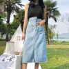 Kvinnors Denim Kjolar Sommar Mode Chic Koreansk Stil Korsknapp Design Hög Midja Midi A-Line Kjol Kvinna 210428