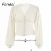 Foridol Lantern Sleeve White Blouse Tops V Neck Button Up Crop Spring Autumn French Style Casual Shirts 2021 Women's Blouses &