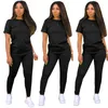 Women Two Piece Set Tracksuits Casual Solid Round Neck Short Sleeve Tight Long Pants Suit Nightclub Plus Size Women Clothing A001