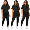 Tute da donna in due pezzi Tute Casual tinta unita Girocollo Manica corta Pantaloni lunghi attillati Abito da discoteca Taglie forti Abbigliamento donna A001