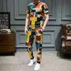 Brand Casual Suits Plaid Print Tracksuit Men 2Pcs Tshirt Sweatpants Streetwear Nightclub Party Social Sets Men Clothes 210527