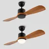 Ceiling Fans Solid Wood Two Leaf Fan Frequency Conversion Silent Lamp Dining Room Nordic Living Bedroom Retro Light