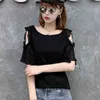 Lato Europejska Odzież Bawełniana T-Shirt Dziewczyny Moda Sexy Off Ramię Ruffles Kobiety Topy Krótki rękaw Luźne Tees T12825A 210421