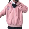 Ulzzang Preppy стиль карманный капюшон мультфильм печать женщин милая одежда Harajuku Kawaii розовая толстовка женщины аниме на молнии 211013
