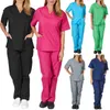 Spodnie damskie Capris Solid Color Unisex Mężczyźni Kobiety Krótki rękaw V Neck Pielęgniarki Scrubs Topy + spodnie Pielęgniarstwo Zestaw mundurków roboczych Garnitur Zdrowie Ser1