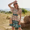 Surmitro Vintage Boho Mini Dresss Kobiety Letnia Moda Czeski Kwiatowy Druku Krótki Rękaw Tunika Plaża Sundress Kobieta 210712