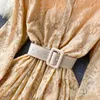 Frauen Spitze Langes Kleid Vintage Stehkragen Laterne Hülse Einreiher Rosa/Lila/Grün/Gelb Vestidos Weibliche robe Herbst Y0603